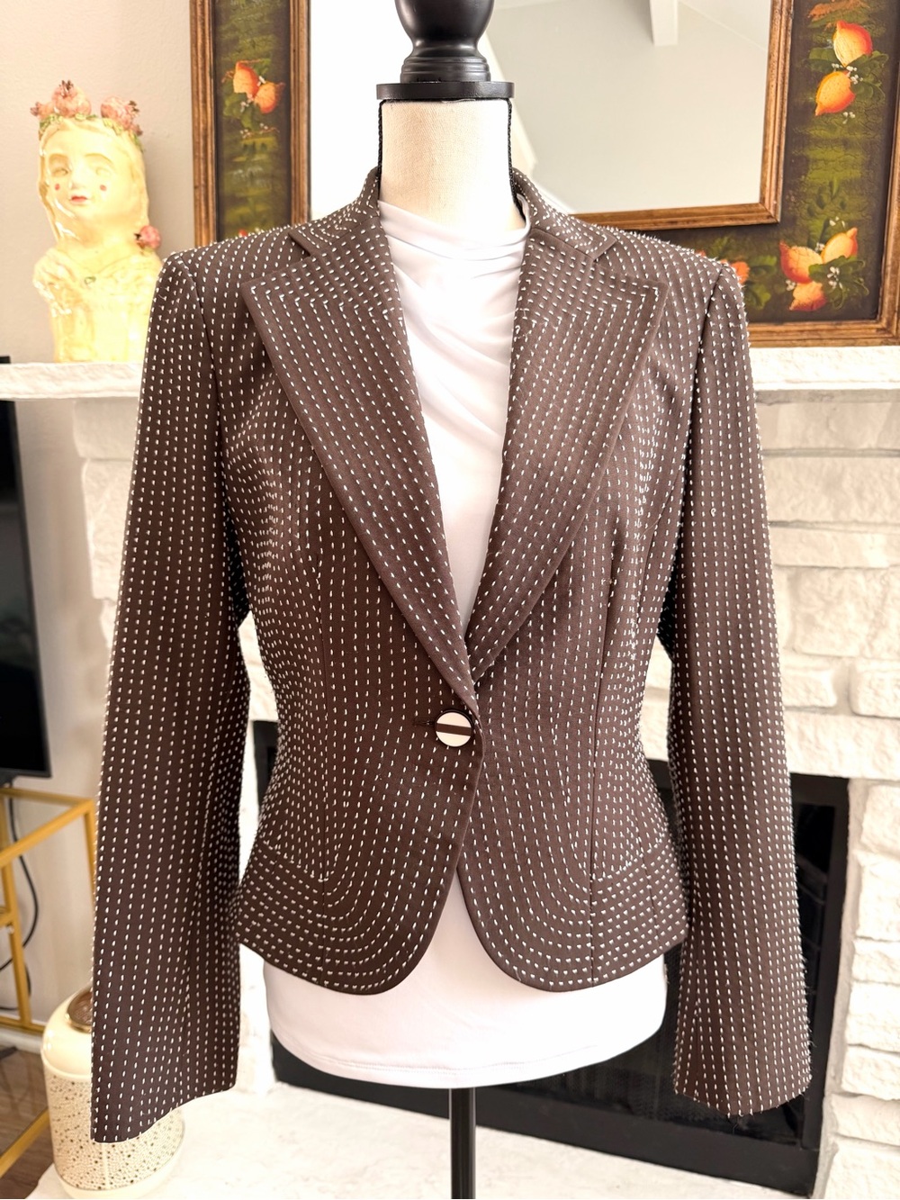 WORTH 100% Silk Chocolate Brown White Stitch Blazer Jacket Size 10